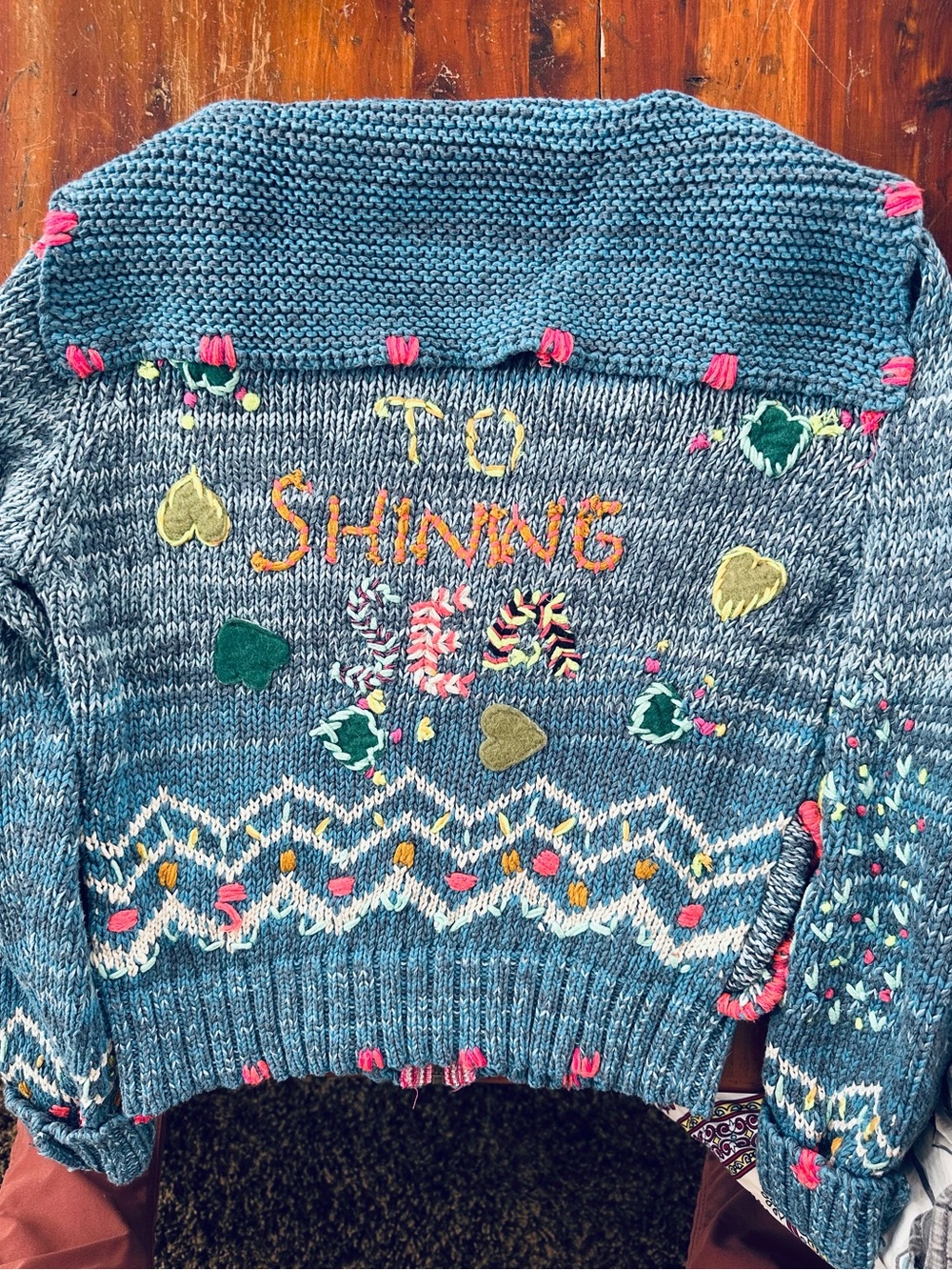 Anthropologie size medium Blue Knit Zip Hoodie with Multicolor Sea themed stitch - Picture 4 of 11